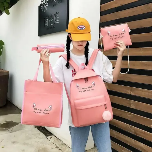 4 In 1 Canvas student schoolbag new four-piece double back Korean letters with hairball school bag b | 89686