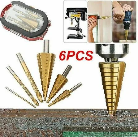 6PCS HSS Titanium Coated Drill Bit Set, Including 3 Sizes Step Drill Bit and 3 Sizes Twist Drill Bit | 1736