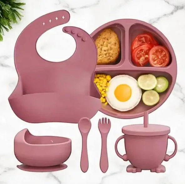 Baby Feeding Set 6pcs Panda Silicone Baby Plate Infant Silicon Bib Suction Bowl Cup Spoon Forks Set | 63461