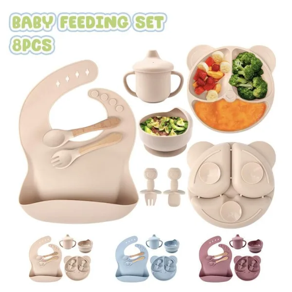 Baby Feeding Set 8pcs Panda Silicone Baby Plate Infant Silicon Bib Suction Bowl Cup Spoon Forks Set | 878