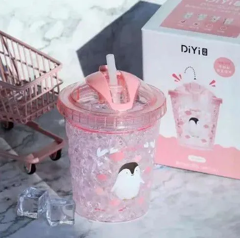 Creative Cute Pink Fruit Ice Cup Double Wall Plastic Straw Cups Summer Drinking Water Bottle Cartoon | 504