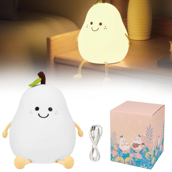Cute Smiling Pear-Shaped LED Night Light - Touch Control, USB Rechargeable, Adjustable Brightness Si | 1497