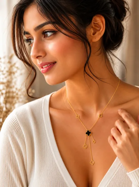 Elegant Black Onyx Clover Lucky Charm Golden Long Drop Necklace | 3018