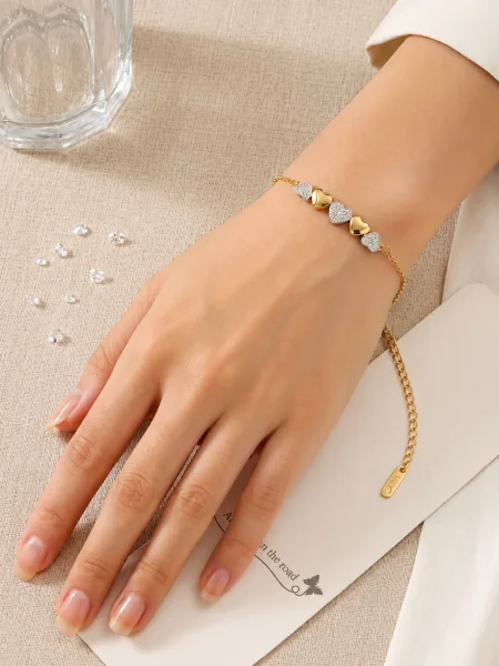 Elegant Dual-Tone Sparkling Crystal and Golden Multi-Heart Charm Bracelet | 3017