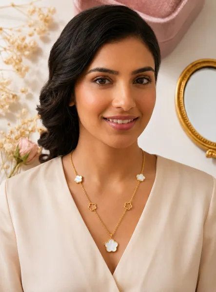 Elegant Gold Clover Necklace With Pearl Flower Motifs - 3005 | 3005