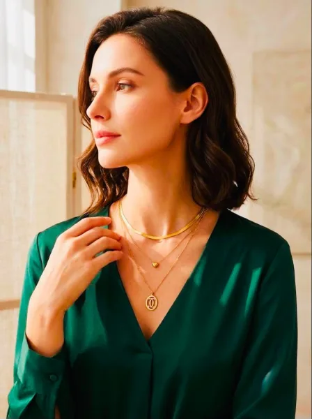 Elegant Multi-Layered Golden Herringbone Chain Heart Medallion Statement Necklace | 3022
