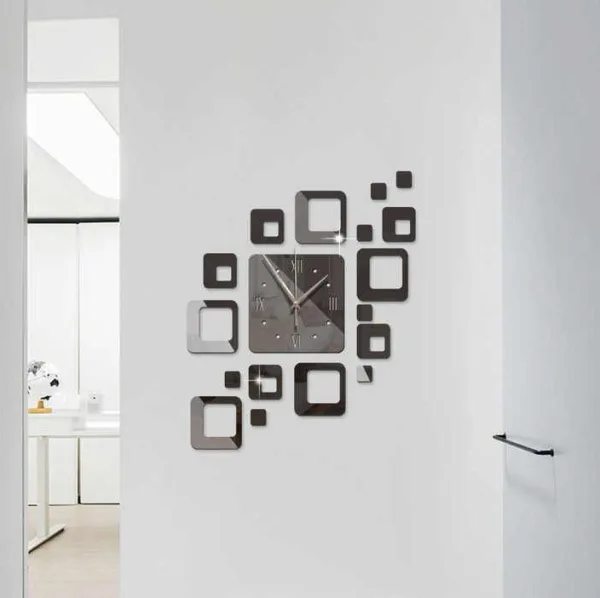 Fashion 3D DIY Novelty Modern Design Square Shape Sticker Acrylic Mirror Wall Clock -Black | 1344