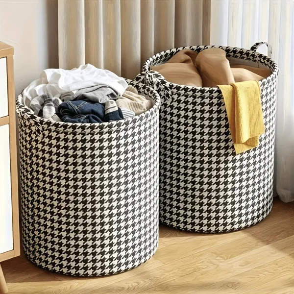 Foldable Houndstooth Laundry Hamper, Modern Fabric Storage Basket with Handle, Versatile for Bedroom | 98416