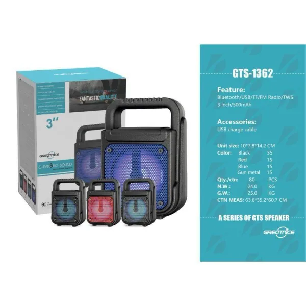 Greatnice 3" inch Super Bass Portable Splash Proof Wireless Bluetooth Speaker GTS-1362 with TF Card/ | 1719