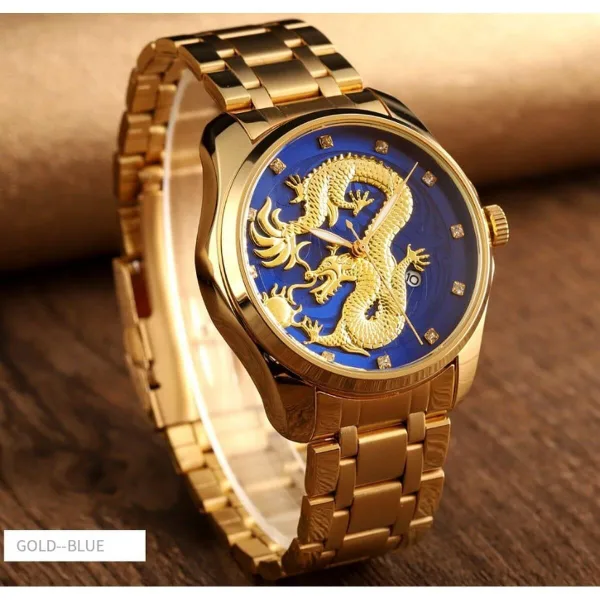 Mens Cool Stainless Steel Analog Quartz Watches Gold Dragon Fashion Casual Calendar Wrist Watch | 1254