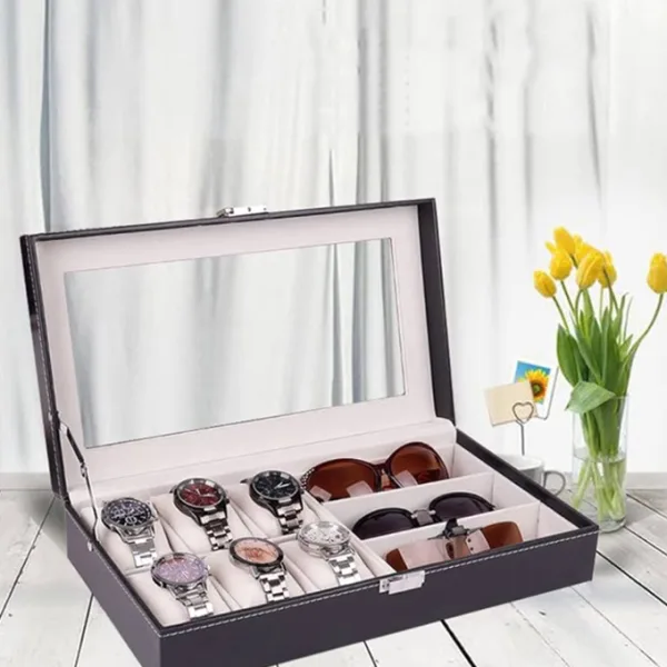 WRIST WATCH AND GLASSES 6+3 LEATHER STORAGE DISPLAY BOX
